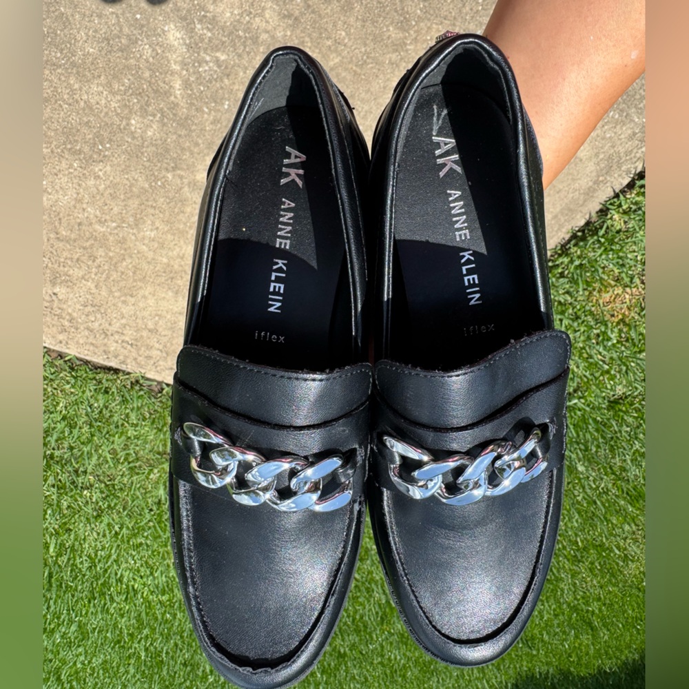 Anne Klein Black Loafers with Metallic Chain